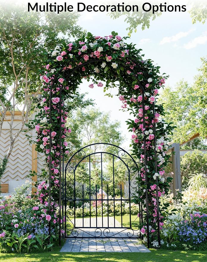 8FT Garden Arch with Gate, Heavy-Duty Metal Wedding Arbor Trellis - Image 3