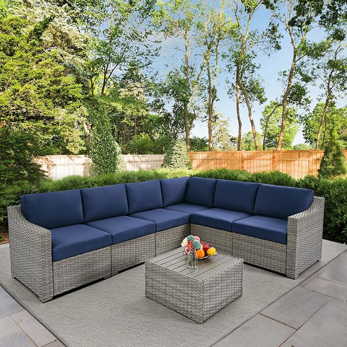 HAPPATIO 7 Piece Patio Conversation Set, Rattan Wicker Outdoor Sectional Sofa by HAPPATIO