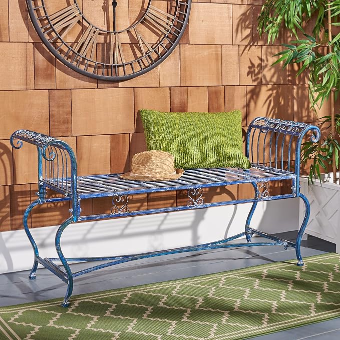 Safavieh Outdoor Collection Brielle Victorian Antique Blue Bench - Image 2