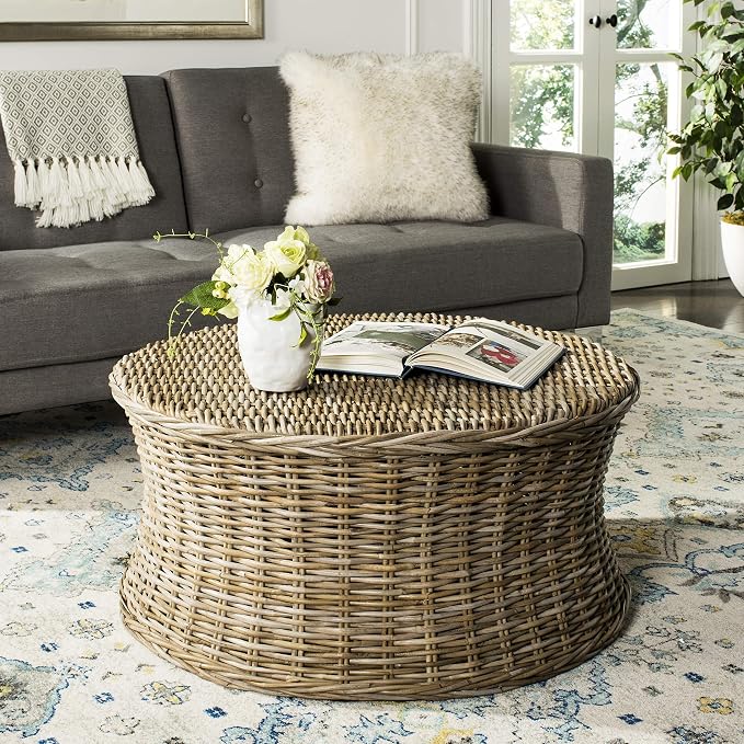 SAFAVIEH Home Collection Ruxton Natural Rattan Round Coffee Table Ottoman - Image 2