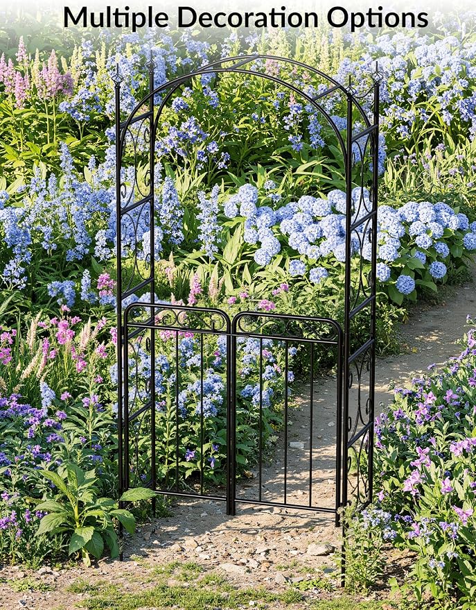 84" Garden Arch Arbor with Gate, Metal Arch Trellis, Garden Archway - Image 7