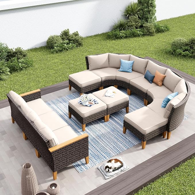 PHI VILLA 10-Piece Wicker Patio Furniture Set, Outdoor Half-Moon Curved - Image 9