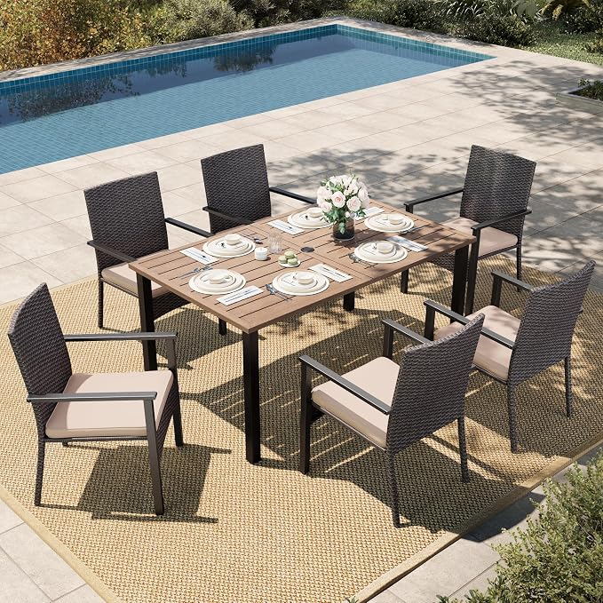 HERA'S HOUSE 7 Pieces Patio Dining Set, 6 x Outdoor Rattan Armchair by HERASHOUSE