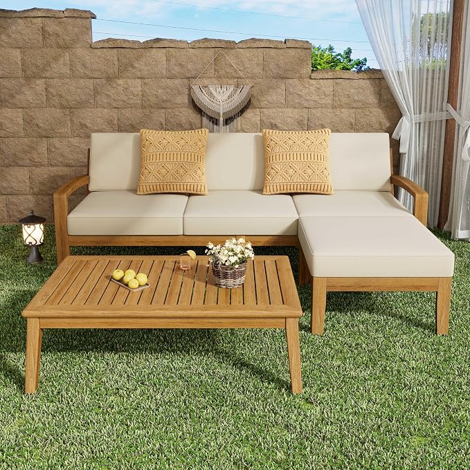 L-Shape Outdoor Furniture Set, 3-Piece Acacia Sectional Patio Sofa Set by JIVOIT