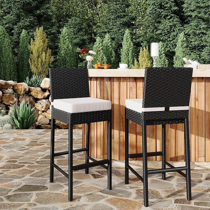 GarveeLife Wicker Woven Outdoor Bar Stools Set of 2, Rattan Patio Stools & - Image 4