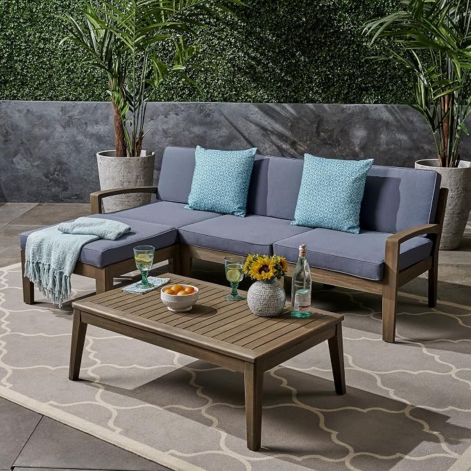 5 Piece Acacia Wood Patio Furniture Set, L-Shape Outdoor Furniture Set - Image 2