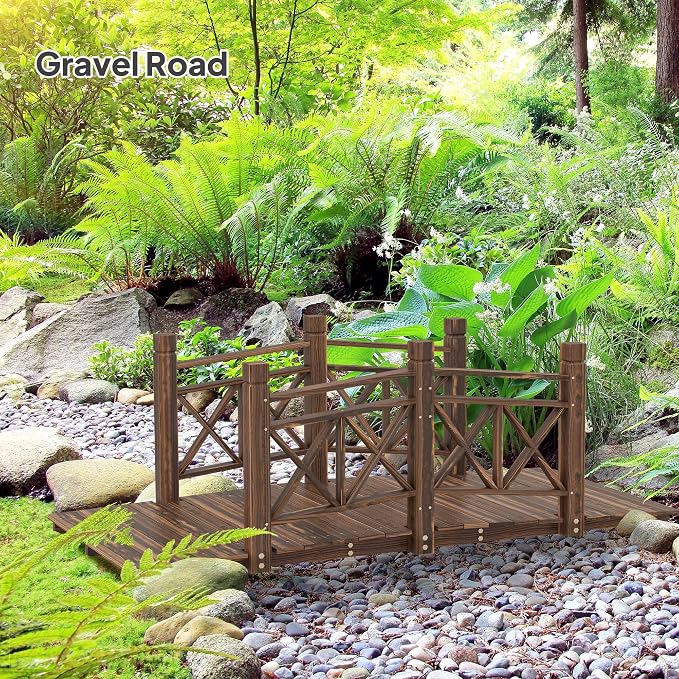 5FT Wooden Garden Bridge with Handrails, Decorative Landscape Footbridge - Image 5