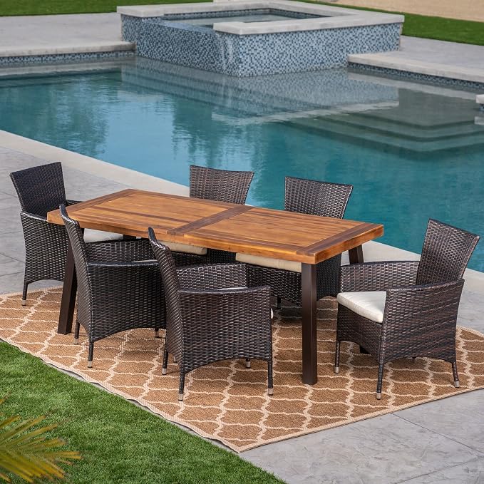 Christopher Knight Home Randy | Outdoor 7-Piece Acacia Wood and Wicker Dining - Image 2