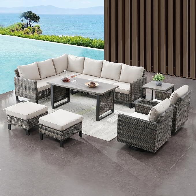 Belord Outdoor Sectional Sofa 6 Seater L Shaped Couch Wicker Patio Conversation - Image 7