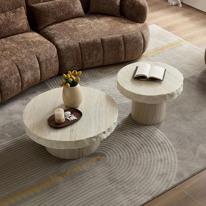 Round Coffee Table Set of 2, Faux Marble Pattern Center Table Imitation Stone - Image 3