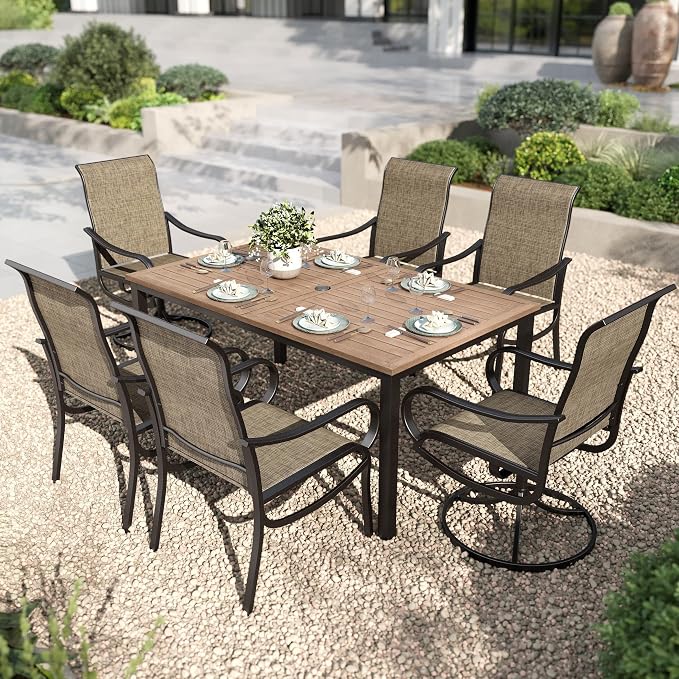 PHI VILLA Outdoor Dining Set for 6 Person, Wooden Texture Metal Table by PHIVILLAThepioneerofcomfortablehouseholdsupplies