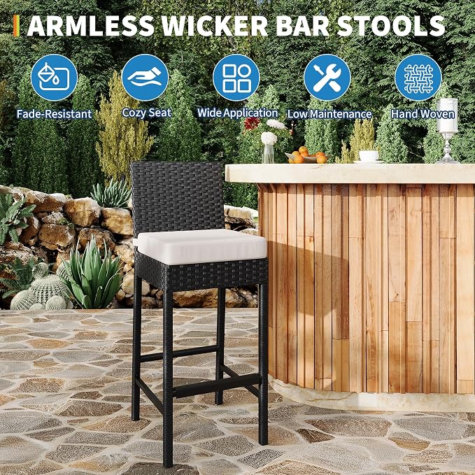 GarveeLife Wicker Woven Outdoor Bar Stools Set of 2, Rattan Patio Stools & - Image 7