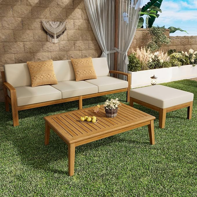 L-Shape Outdoor Furniture Set, 3-Piece Acacia Sectional Patio Sofa Set - Image 2